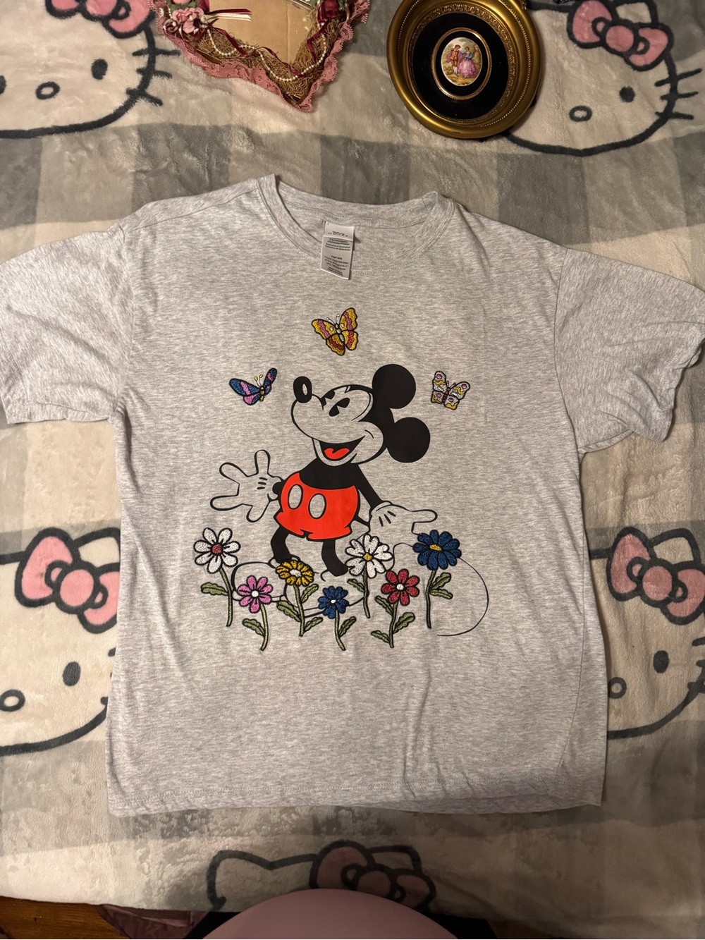 Disney Gray Mickey Mouse Tee with Red Shorts and Colorful Butterflies